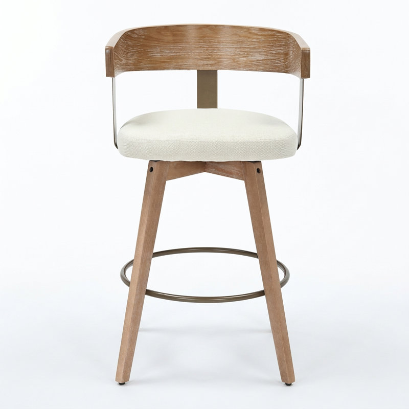26" Modern Swivel Counter Height Bar Stool with Performance Fabric Upholstery, Curved Wood Back & White-Washed Wood Legs, Ivory – Janice by Pipp & Liv (Single)