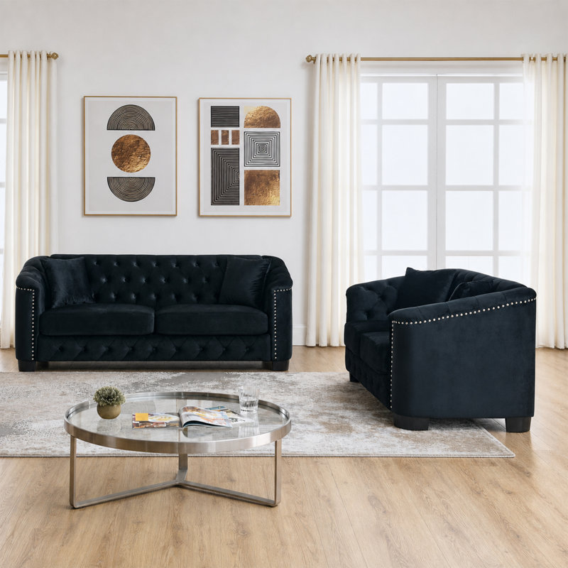 Ensemble de canapé Chesterfield en velours avec coussins décoratifs 2 pièces, Noir