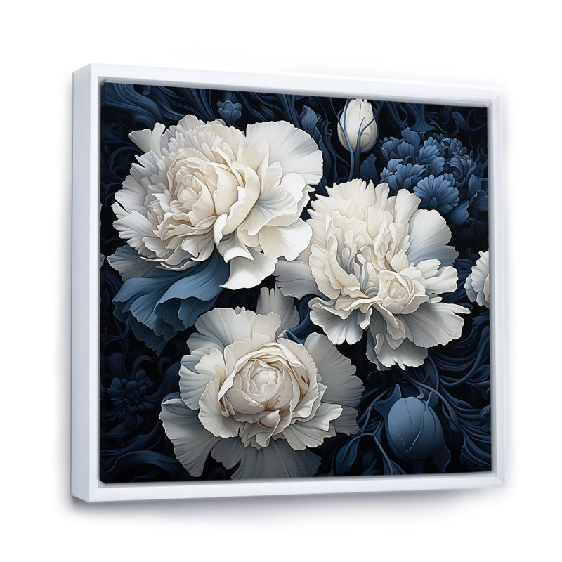 Oeillets blancs et bleus arrangement V - œillets, impressions sur toile, H 36 po x l 36 po x P 1,5 po, Cadre flottant blanc