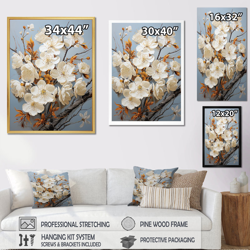 Minimalisme blanc et bleu cerisier en fleurs II sur toile, Cadre naturel flottant, H 32 po x l 16 po