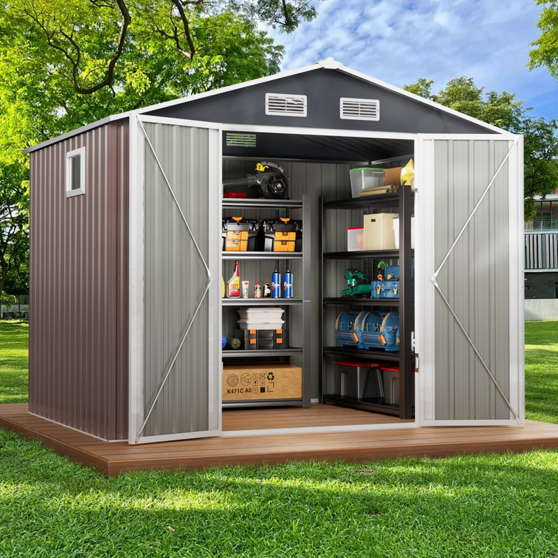  8x6 Ft Outdoor Metal Storage Shed, Lockable Double Door Garden Shed with Rain Gutter Roof Grey/Brown, Brown
