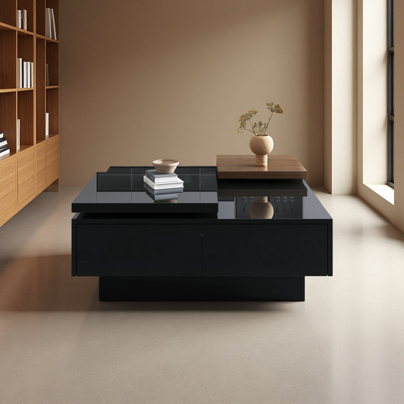 Table basse à plateau mobile, table basse carrée moderne en bois avec finition ultrabrillante, 4 tiroirs de rangement cachés pour le salon
