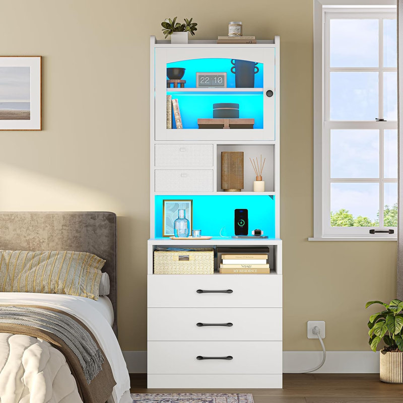 Ensemble de 2 grandes tables de chevet avec 3 tiroirs de rangement et tablettes ouvertes, blanc, White