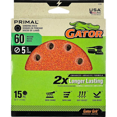 Gator 4144 60 Grit 5" 8 Hole Hook & Loop Power Sanding Disc (15Pk)