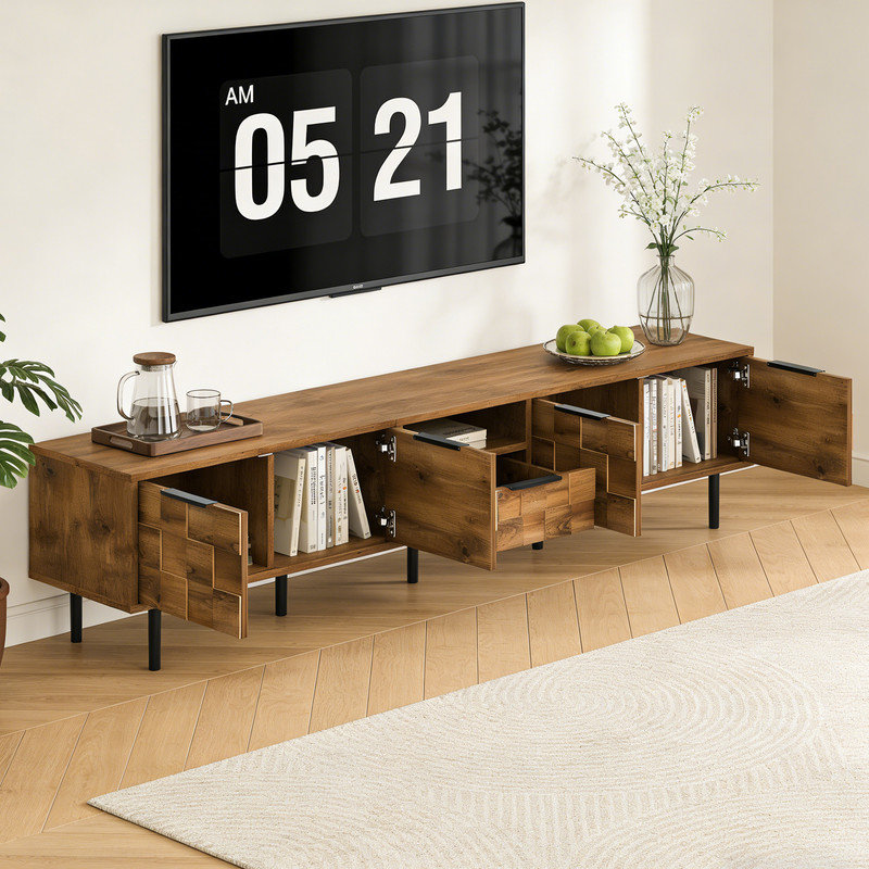 Meuble télé 78 po à damier pour téléviseur de 85 po ou moins, console média avec portes et tiroir à fermeture en douceur, centre de divertissement en bois
