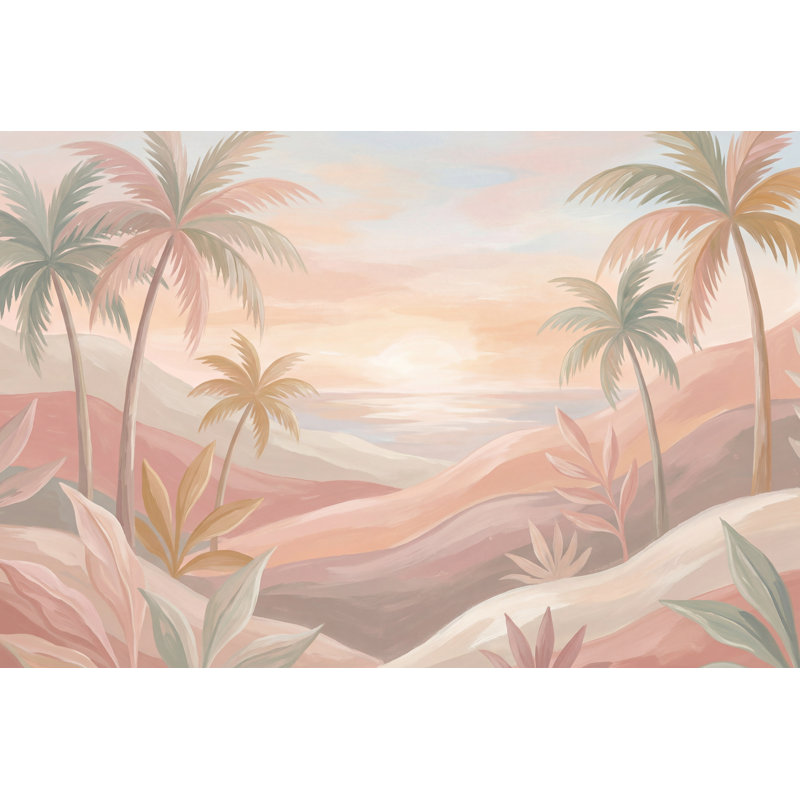 Papier peint pastel, paysage tropical, palmiers, coucher de soleil et ciel, 120 po x 96 po, Peler et coller