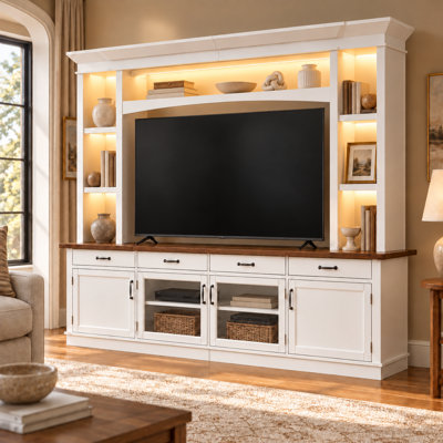 94.3" Farmhouse Entertainment Center with 7-Color LED Lights, Extra Long TV Stand with Hutch, Storage Cabinets, Drawers  Adjustable Shelves for TVs u