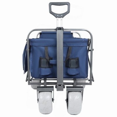 Chariot de plage avec de grandes roues pour le sable, capacité de 500 lb - Conception brevetée, chariot tout terrain à structure en acier avec pneus pneumatiques de 9 po, conception pliable pliable, sangle avec sac multiusage, bleu foncé