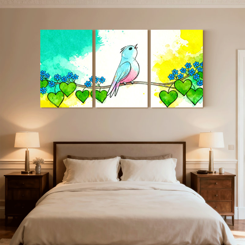 Oiseaux colorés sur une branche avec des cœurs et des fleurs, ensemble de 3 impressions sur toile, H 24 po x l 48 po