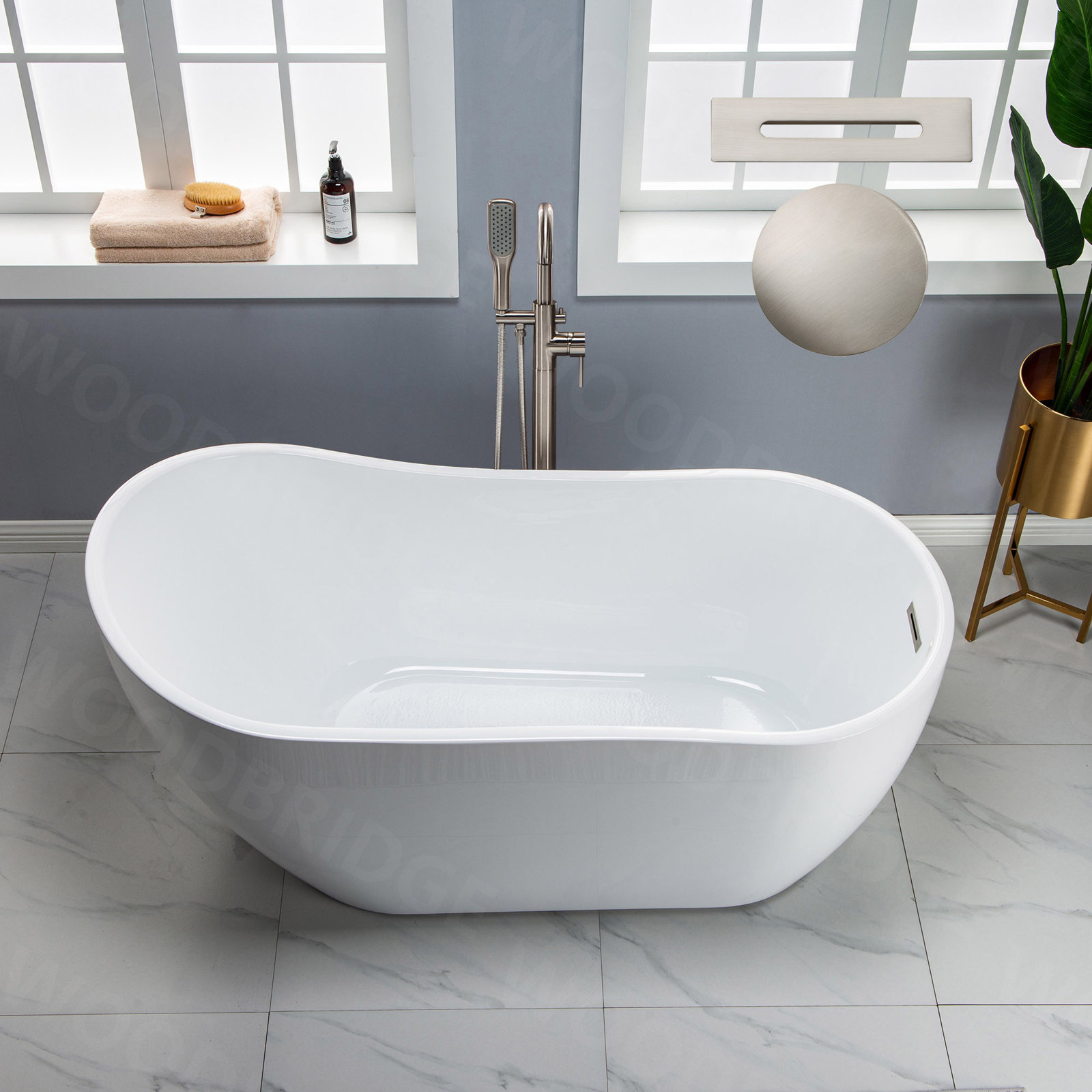 Aether 59" Single Slipper Soaking Bathtub, White/Brushed Nickel