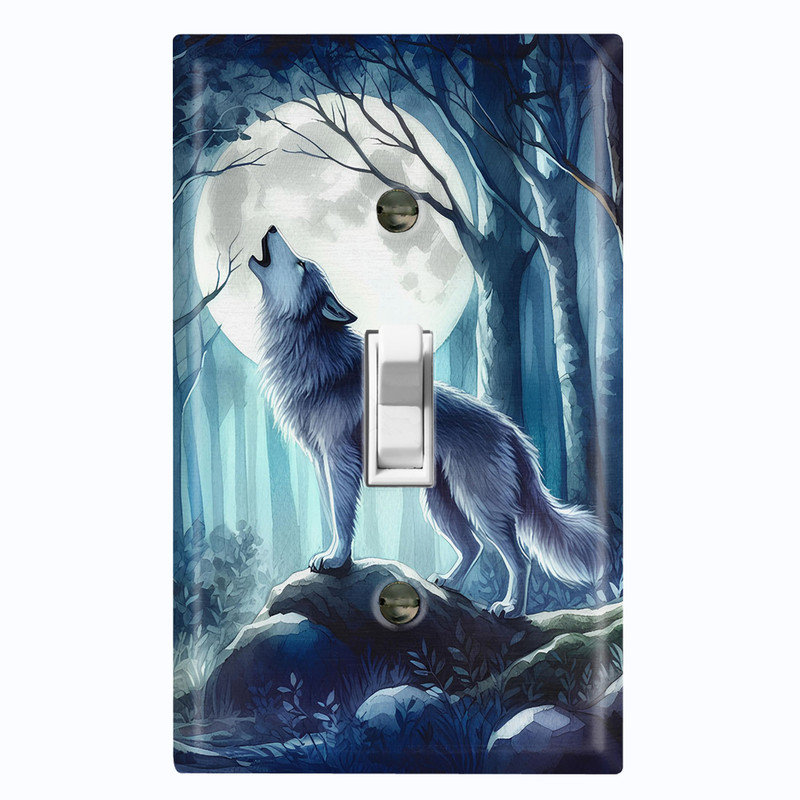 Metal Light Switch Plate Cover; US Standard Size 1 Gang Toggle - Howling Wolf Moon, #1 Single Toggle
