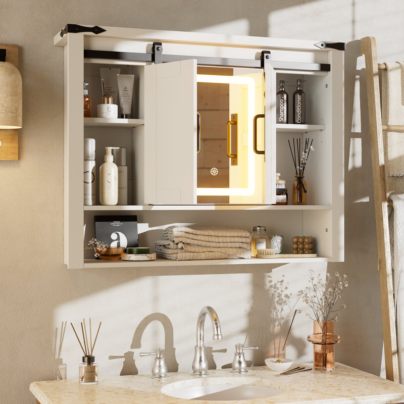 Farmhouse Vanity Medicine Cabinet With Dimmable Led Mirror Touch Control, Wall-Mounted Bathroom Cabinet With Sliding Barn Door, 2 Storage Cabinets