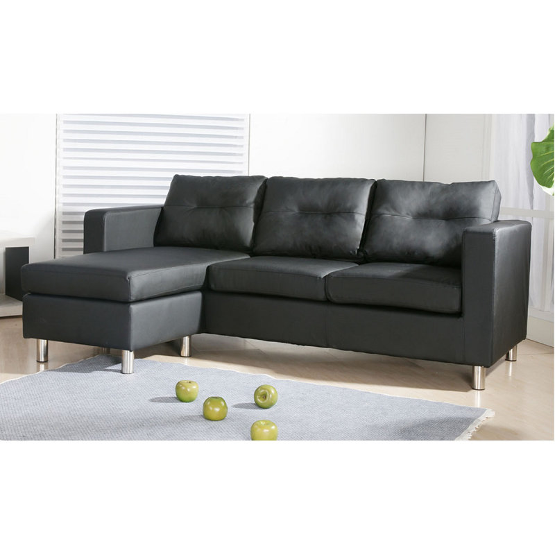 Faux Leather L-Shaped Sectional Reversible, Black Faux Leather