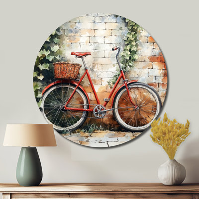 Retro Bicycle By Brick Wall - Transportation Round Metal Wall Decor
