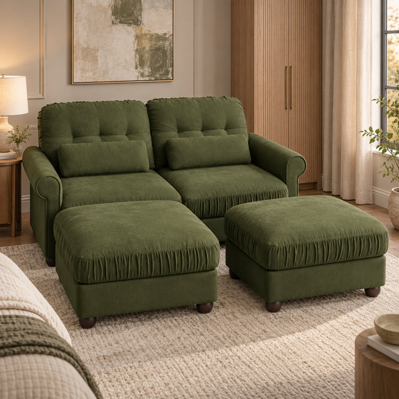 Canapé modulable 2 places en chenille Deerwood de 176 cm de large avec 2 poufs, coussins à volants et coussins lombaires