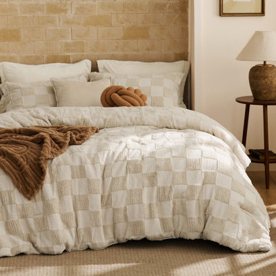 Bedsure King Size Comforter Set Beige, Boho Tufted Bed Set, Checkered Farmhouse Shabby Chic Bedding, 3 Pieces, 1 Plaid Geometric Comforter and 2 Pillow Shams
