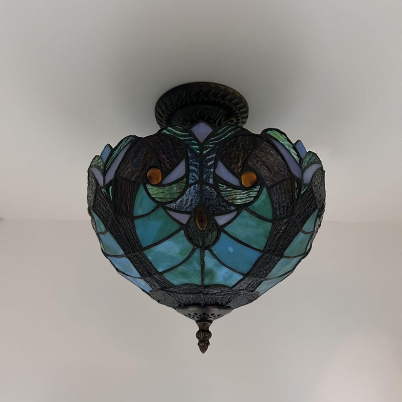 Plafonnier Tiffany avec ampoules DEL en vitrail incluses l 12 po x P 12 po x H 12 po, Brun / vert