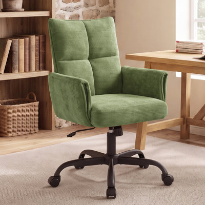 Modern Upholstered Swivel Chair with Wheels, Adjustable High Back Tufted Desk Chair for Home Office, Comfortable Fabric Task Chair with Arms and Metal Base