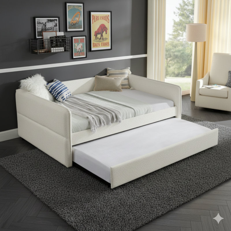 Lit de jour rembourré capitonné beige en tissu bouclé double (83 po x 58,5 po x 29,5 po)