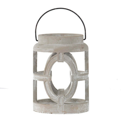 7.1X7.1X9.6" Gray Cement Lantern With Oval Cut-Out Design, Indoor Outdoor Garden Decor (Without Candle)
