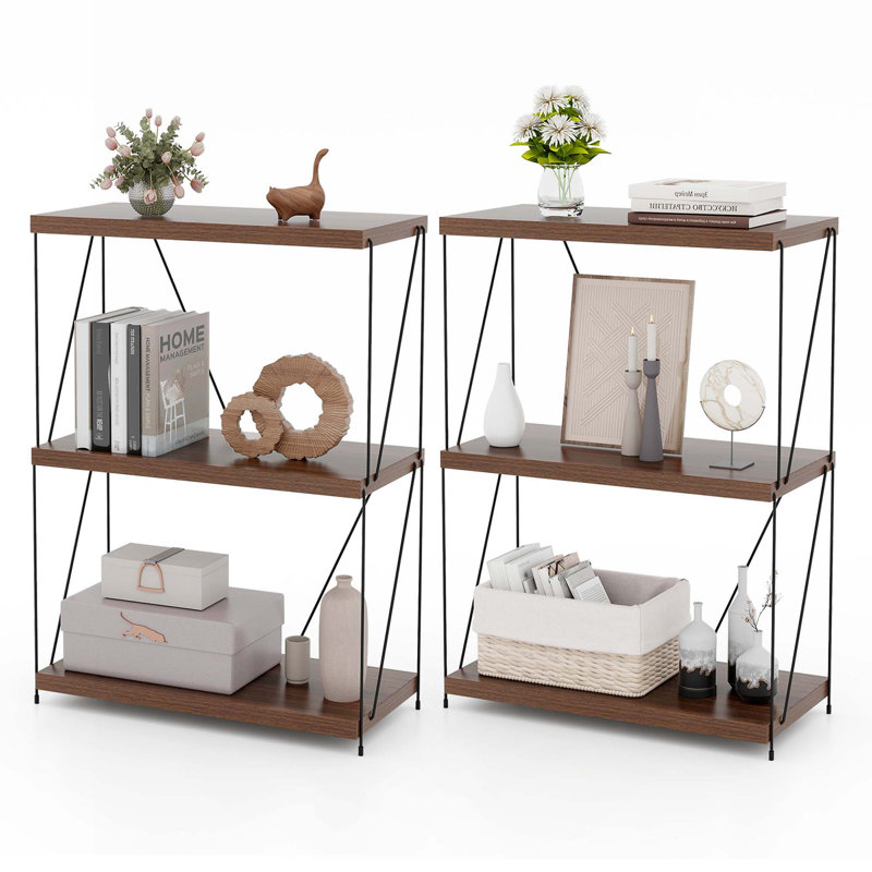 Rebrilliant 2 Pcs 3-tier Multipurpose Display Rack Freestanding Bookcase With Metal Frame Walnut