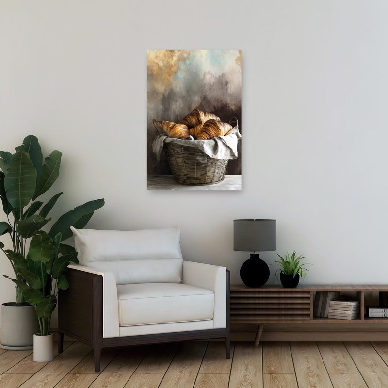 «Golden Croissants Basket», art mural rustique, H 36 po x l 24 po