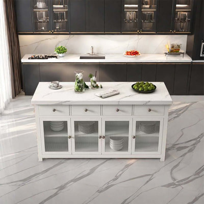 White marble island, marble kitchen counter