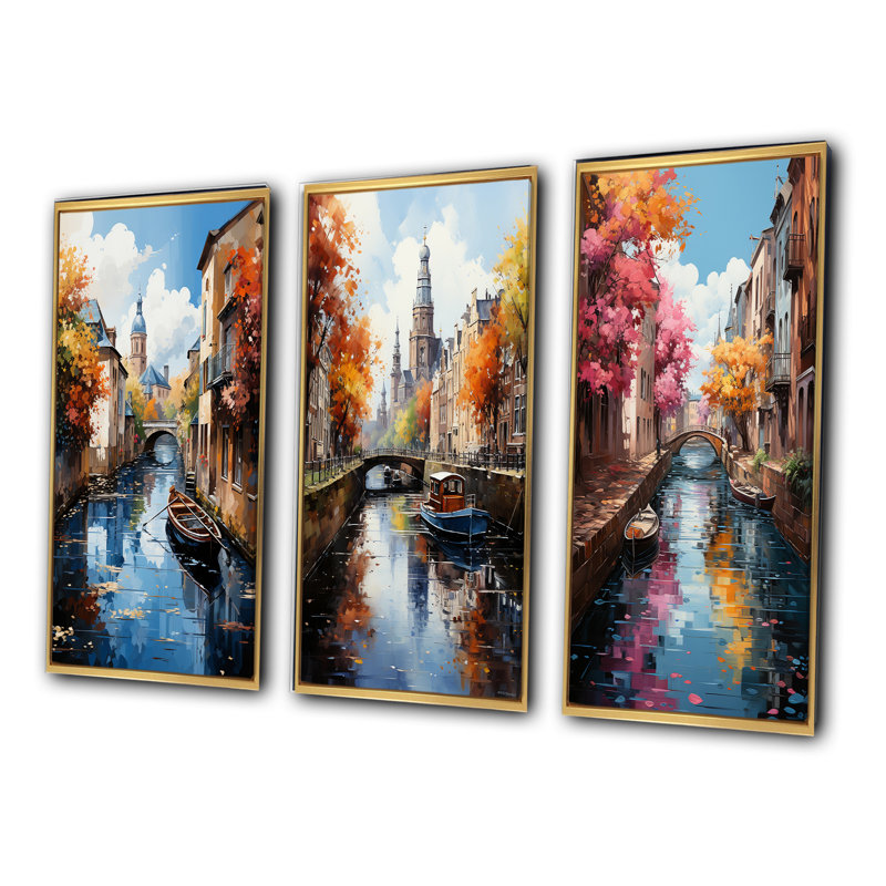 «Beige Canal Vibrant Waterway Bold», 3 pièces sur toile, Encadrement doré, H 40 po x l 60 po