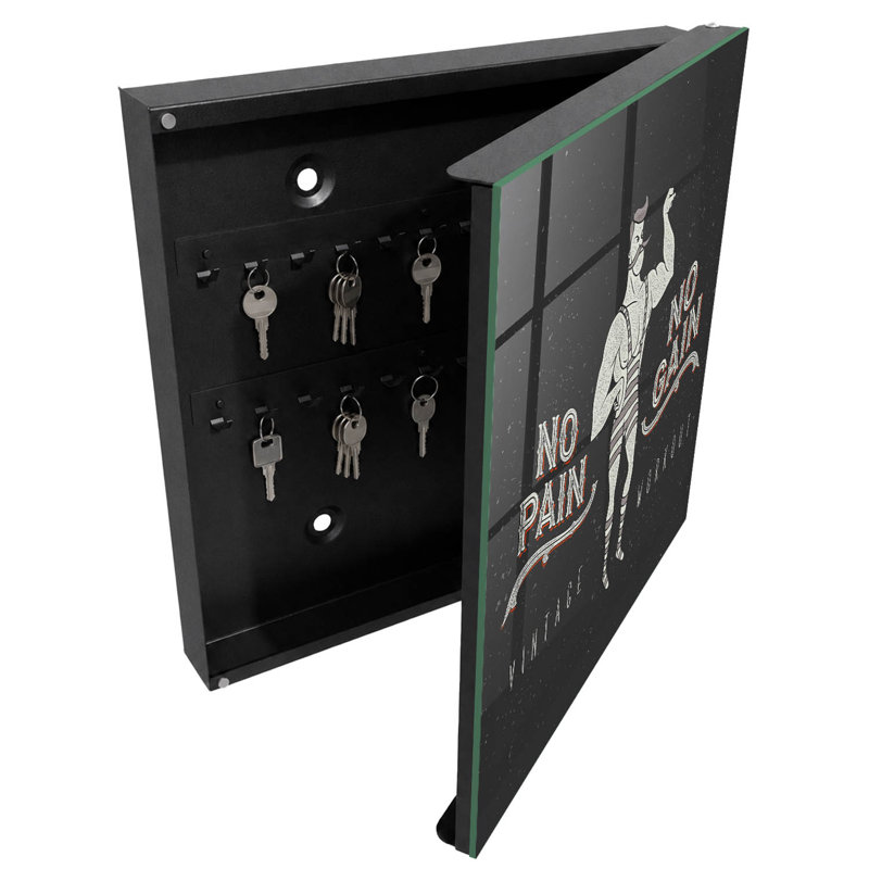 Key storage box, Opens to the left, 30x30x5, Black, Retro strongman with a motivational inscription, 
