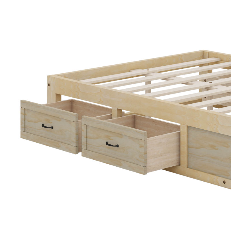 Lit plateforme avec 6 tiroirs, Naturel antique, Lit double