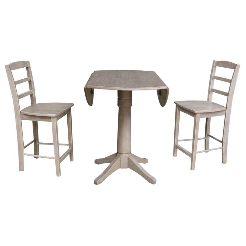 Ensemble de salle à manger en bois massif à hauteur de comptoir 3 pièces Evins, Taupe-gris délavé