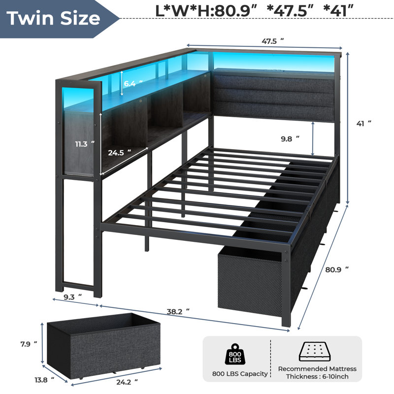 Corner Bed Frame with 3 Drawers and Storage Bookcase, Daybed with Charging Station and LED Lights, Black,  Twin