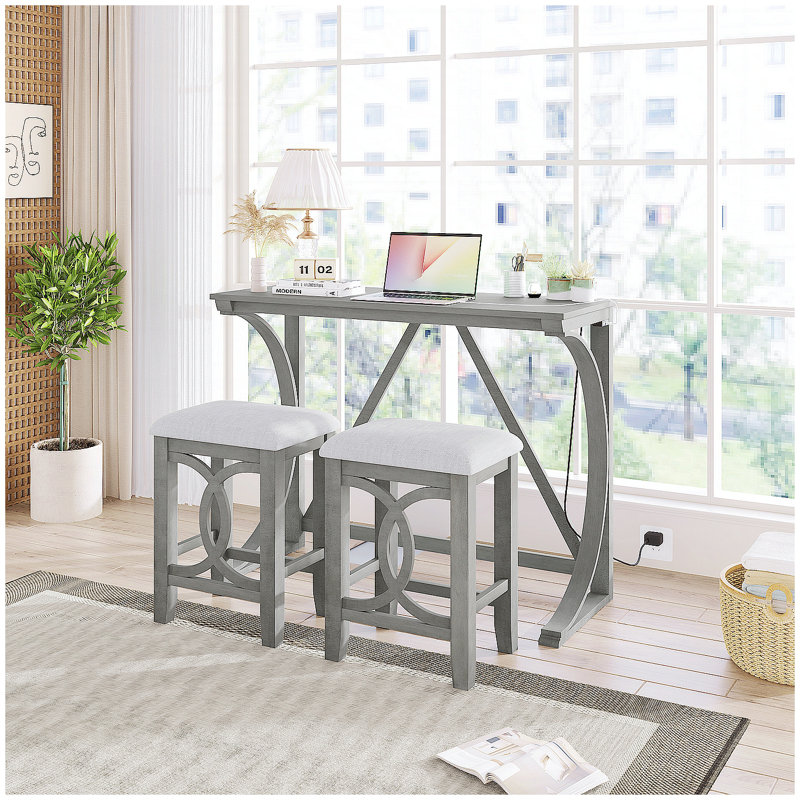 Ensemble de salle à manger à hauteur de comptoir 3 pièces Farmhouse avec port USB et tabourets rembourrés, finition blanc laiteux