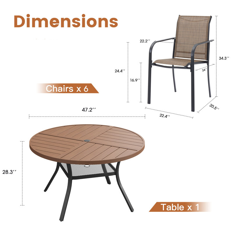 Outdoor Patio Dining Set - 47'' Round Table with Umbrella Hole + 6 Stackable Chairs, Brown