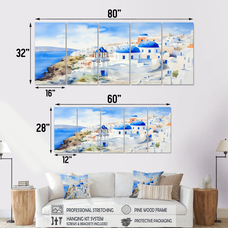 Grèce «Santorini Landscape I», ensemble d'art mural 5 pièces Grèce, H 28 po x l 60 po