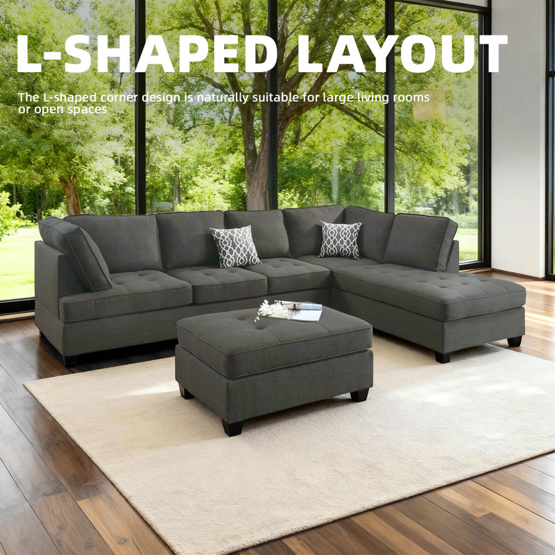 Canapé modulaire réversible 2 pièces avec méridienne et coussins géométriques