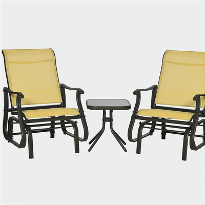 Outsunny 3-Piece Outdoor Gliders Set Bistro Set with Steel Frame, Tempered Glass Top Table for Patio, Garden, Backyard, Lawn, Beige