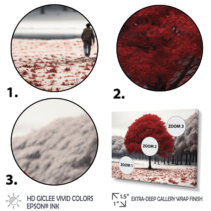 "Red and Grey Tree Solitude I", reproduction d'art sur toile, H 12 po x l 20 po x P 1 po, Cadre simple argenté