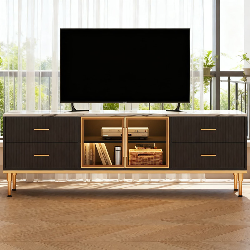 Meuble télé moderne à DEL pour téléviseur de 55 à 75 pouces, meuble audio-vidéo avec portes en verre, tiroirs et tablettes, mobilier de salon robuste