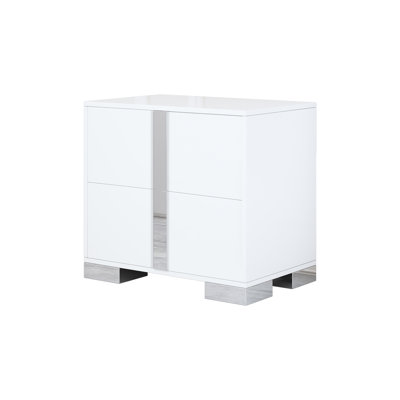 White Mirrored Nightstand with 2 Drawers, Elegant Bedside Table with Metal Handles for Bedroom or Living Room