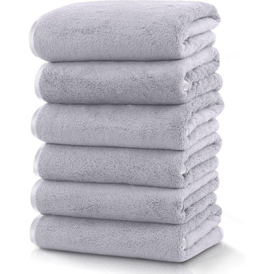 Essuie-mains à ourlet en soie pour salle de bain - Séchage rapide - Serviette en microfibre ultra douce pour salle de bain, gym, douche, hôtel et spa - 16 po x 28 po | Ensemble de 6, gris clair