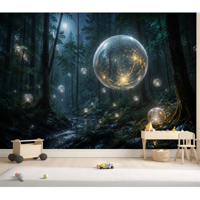 Papier peint adhésif peler et coller foncé, fantaisie, forêt, nuit, forêt, paysage, lumières magiques, autocollant, papier contact amovible, décoration murale pour le salon, chambre à coucher H 69 po x l 96 po
