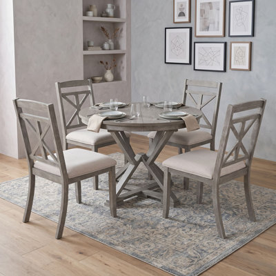 Modern Wooden Extendable Round Dining Table Set with Four Linen-Upholstered Chairs