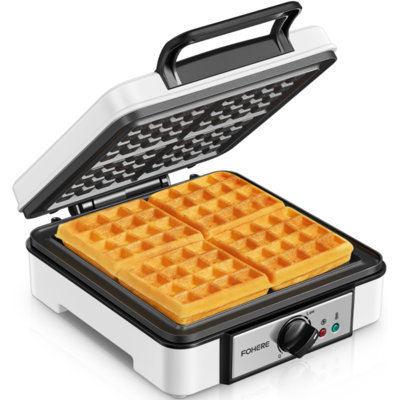 FOHERE 4-Slice Waffle Maker, 1200W Waffle Iron, Non-Stick, Browning Control, Anti-Scald, White