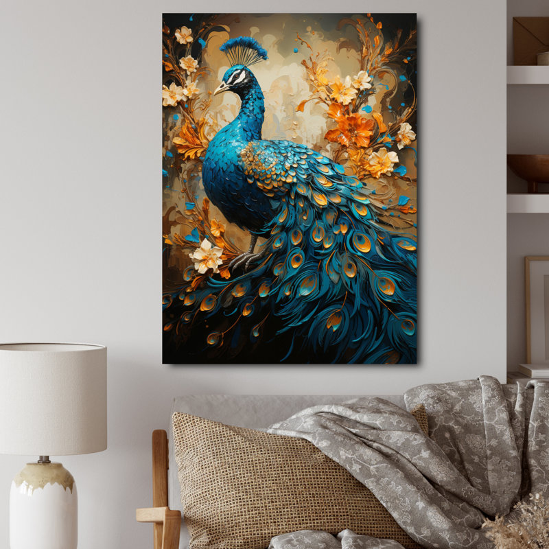 Aakarsh Teal Gold Emerald Peacock Drips - paon, reproduction d'art sur toile encadrée, H 32 po x l 24 po, Toile tendue