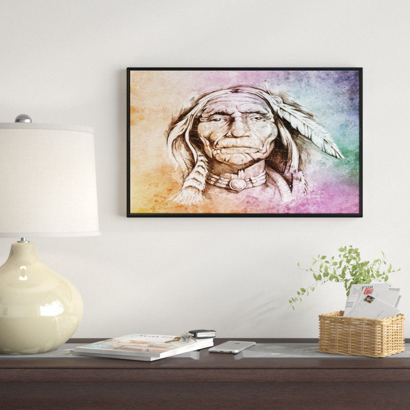 Portrait d'une tête d'amérindienne - reproduction d'art, H 36 po x l 46 po x P 1,5 po, Bois