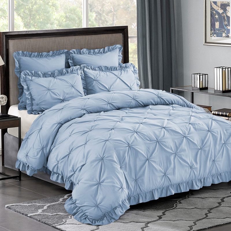Ensemble d'édredon 5 pièces princesse romantique Pintuck, Édredon pour lit très grand + quatre taies déco, Lavande