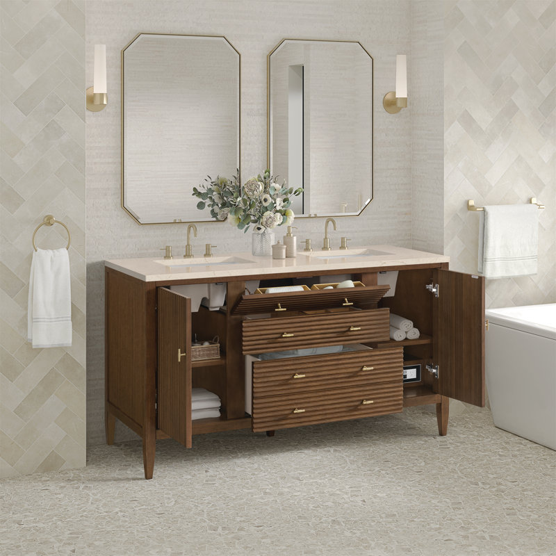 Myrrin 60'' W Double Vanity, Mid-Century Walnut, White Zeus, 8" Widespread