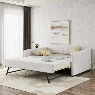 Upholstered Daybed with Vertical Channel Tufting, Pull-Out Trundle, Linen Beige, 3-in-1 Sofa Sleeper