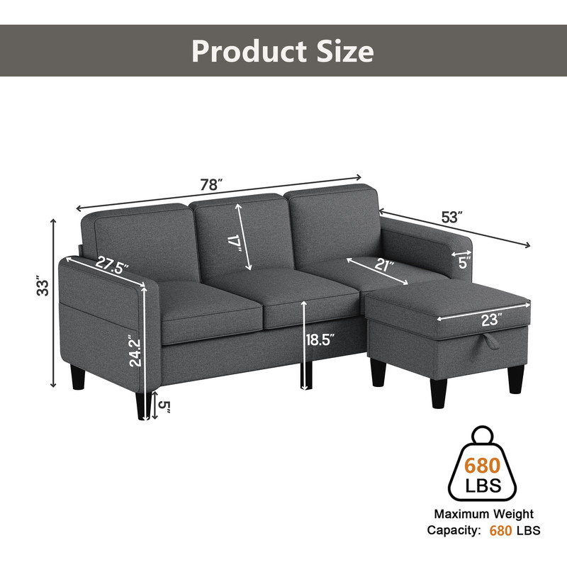 Joella Upholstered L-Shaped Sectional with Ottoman Reversible, Dark Gray